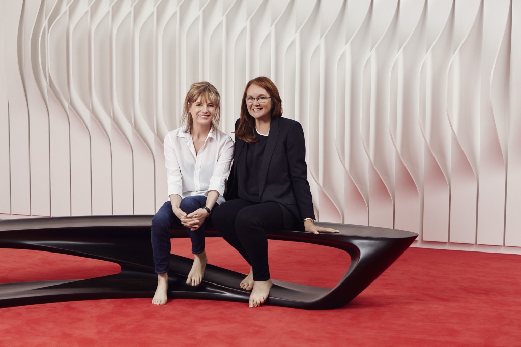 Naomi Milgrom with MPavilion 2015 architect Amanda Levete of AL_A. Photo by Peter Guenzel.